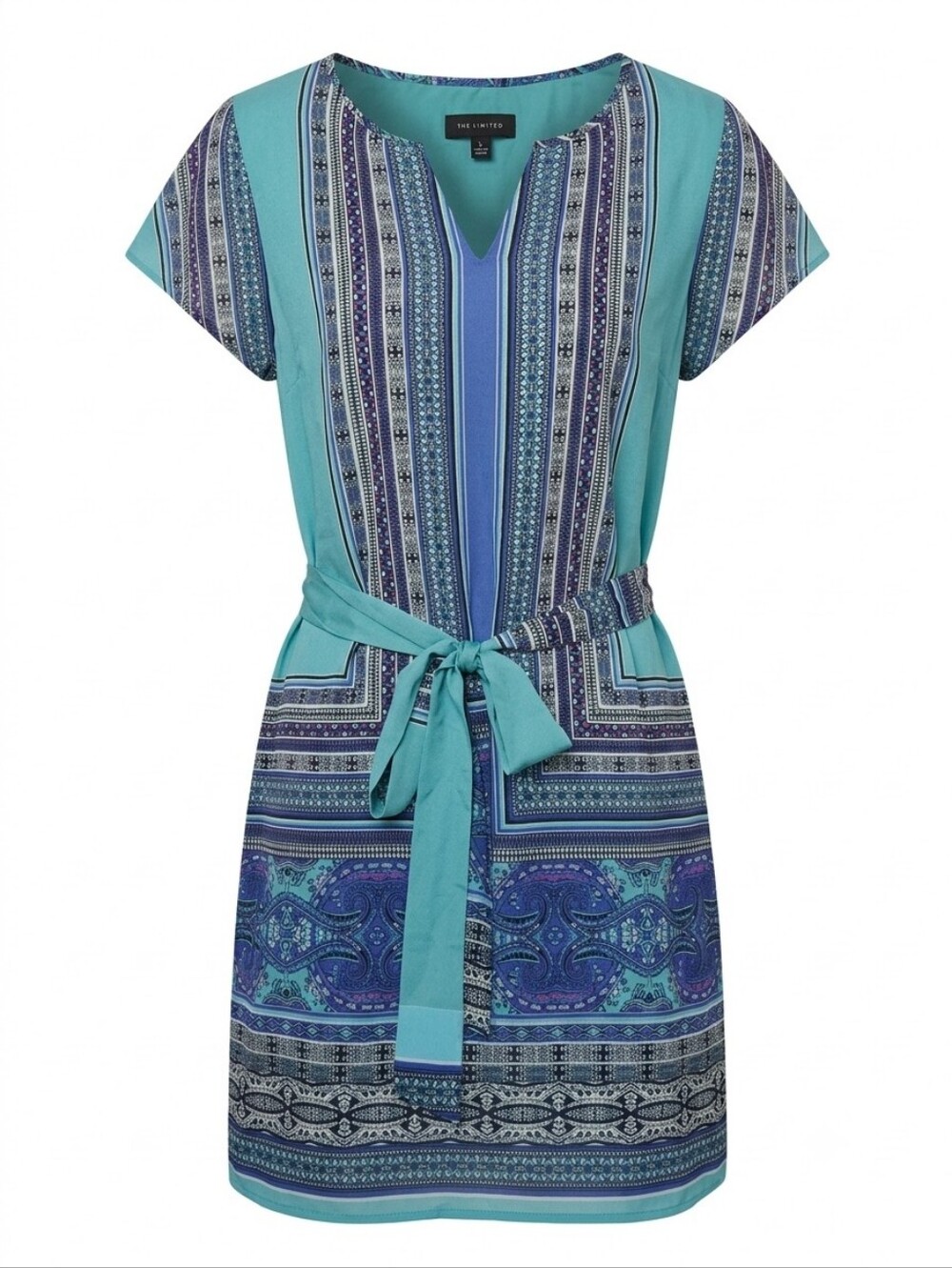 The Limited | Blue & Ocean Teal Geometric Border Print Shift Dress. Size L.